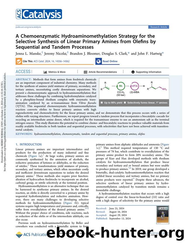 A Chemoenzymatic Hydroaminomethylation Strategy for the Selective Synthesis of Linear Primary Amines from Olefins by Sequential and Tandem Processes by Jenna L. Manske Jeremy Nicolai Brandon J. Bloomer Douglas S. Clark & John F. Hartwig