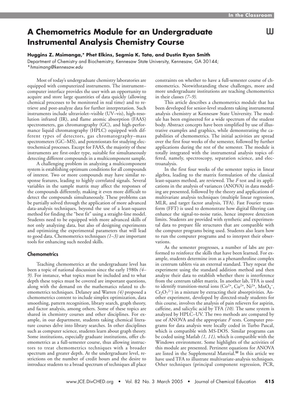 A Chemometrics Module for an Undergraduate Instrumental Analysis Chemistry Course by Huggins Z. Msimanga Phet Elkins Segmia K. Tata & Dustin Ryan Smith