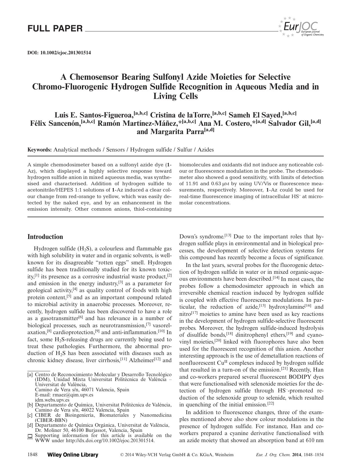 A Chemosensor Bearing Sulfonyl Azide Moieties for Selective ChromoFluorogenic Hydrogen Sulfide Recognition in Aqueous Media and in Living Cells by Unknown