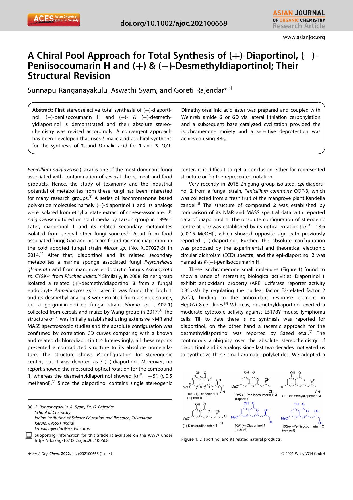 A Chiral Pool Approach for Total Synthesis of (+)âDiaportinol, (â)âPeniisocoumarin H and (+) & (â)âDesmethyldiaportinol; Their Structural Revision by Unknown