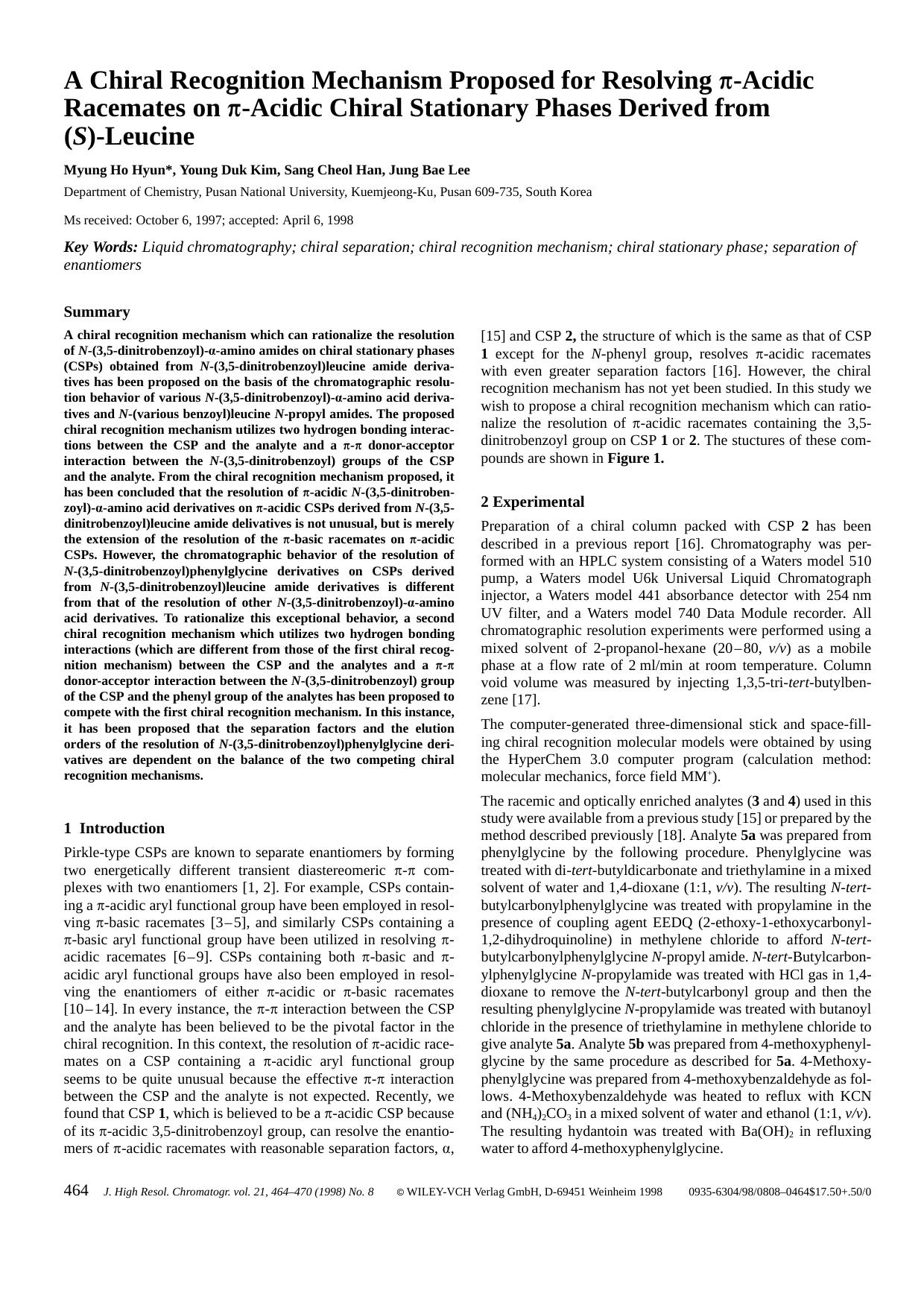 A Chiral Recognition Mechanism Proposed for Resolving [pi]-Acidic Racemates on [pi]-Acidic Chiral Stationary Phases Derived from (S)-Leucine by Unknown