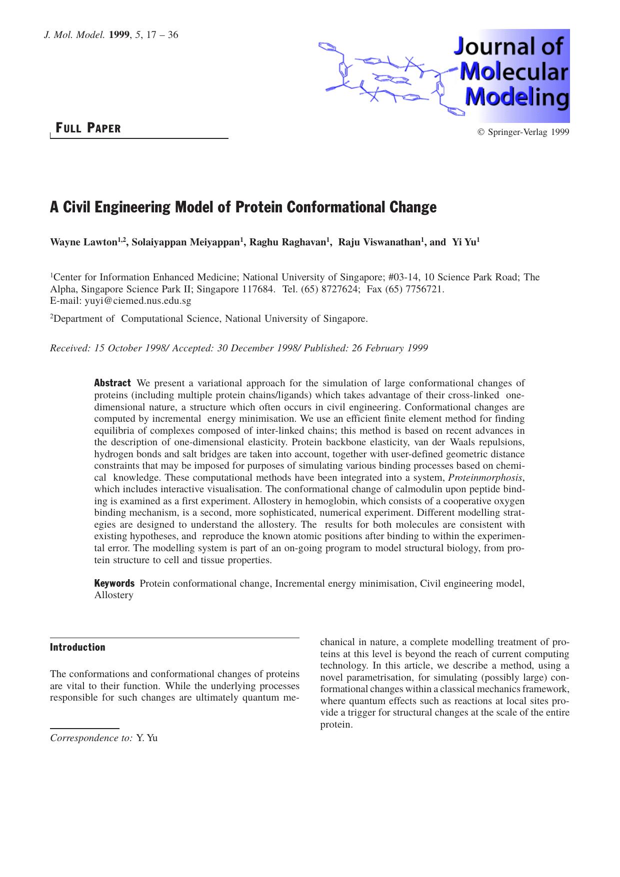 A Civil Engineering Model of Protein Conformational Change by Wayne Lawton Solaiyappan Meiyappan Raghu Raghavan Raju Viswanathan Yi Yu