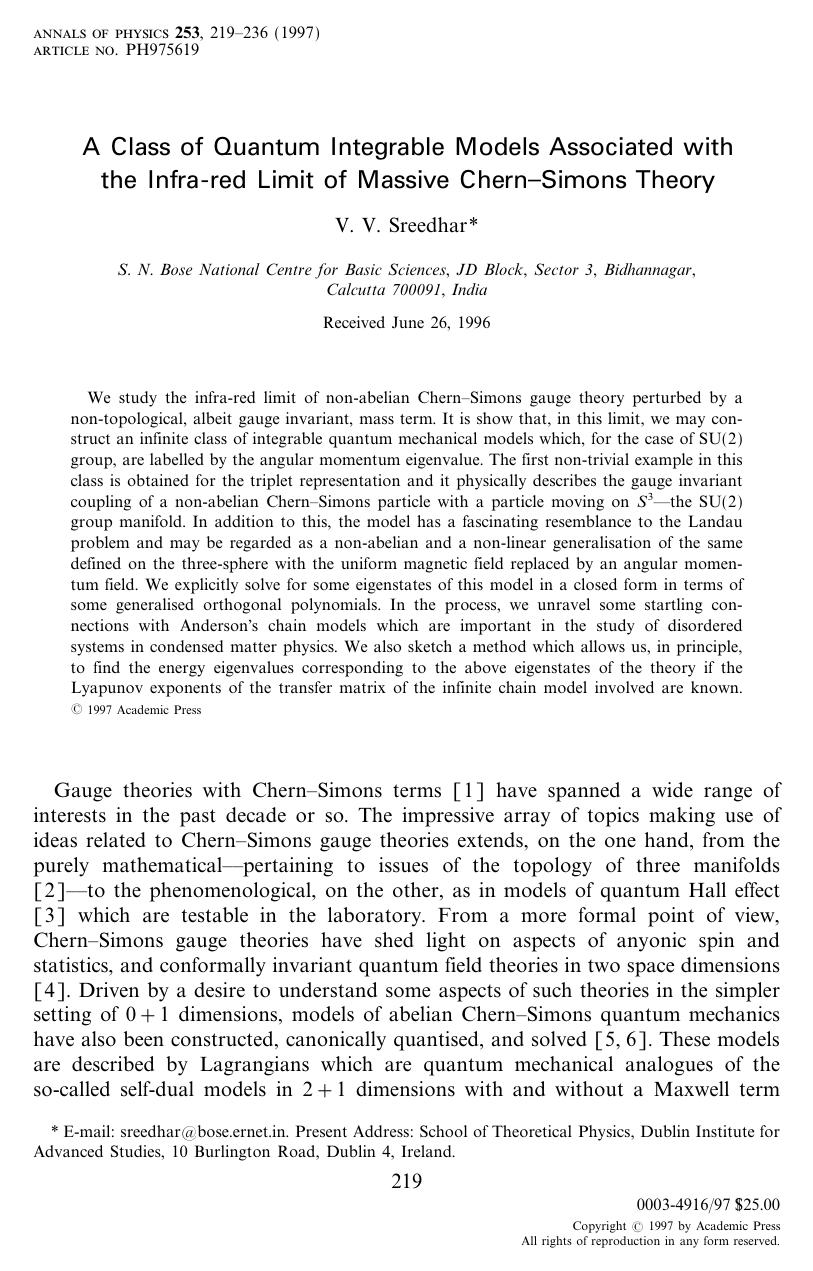 A Class of Quantum Integrable Models Associated with the Infra-red Limit of Massive ChernâSimons Theory by Sreedhar V. V