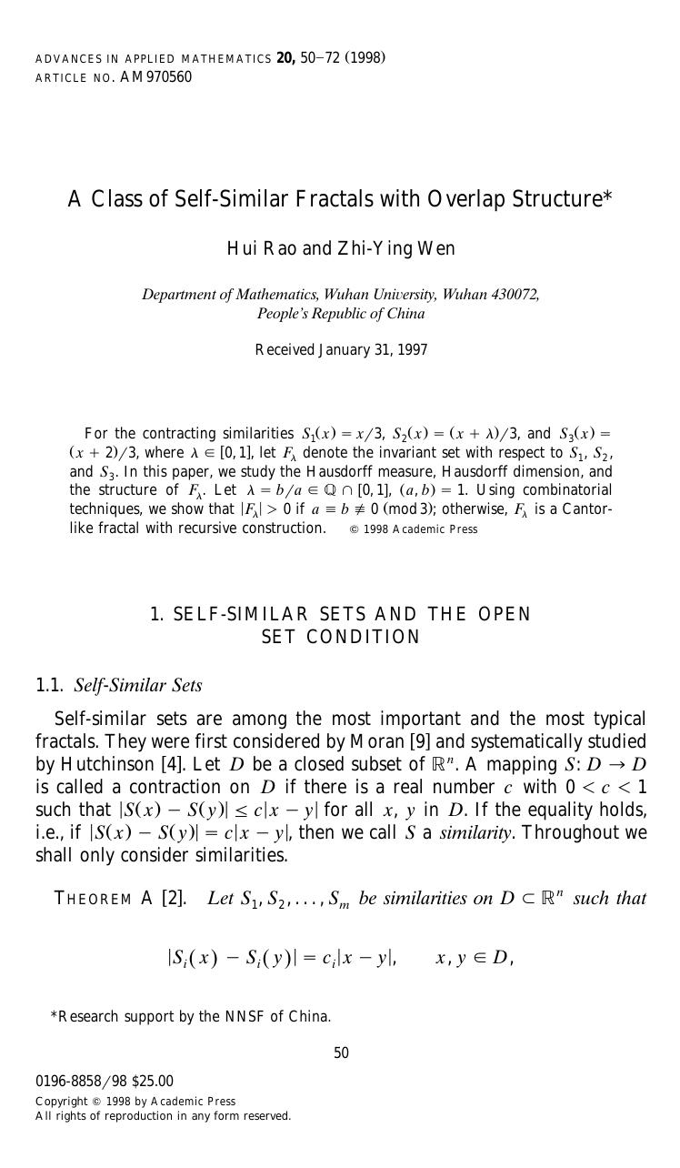 A Class of Self-Similar Fractals with Overlap Structure by Rao H. et al