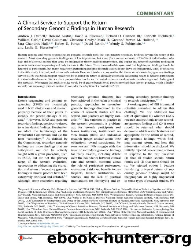 A Clinical Service to Support the Return of Secondary Genomic Findings in Human Research by unknow