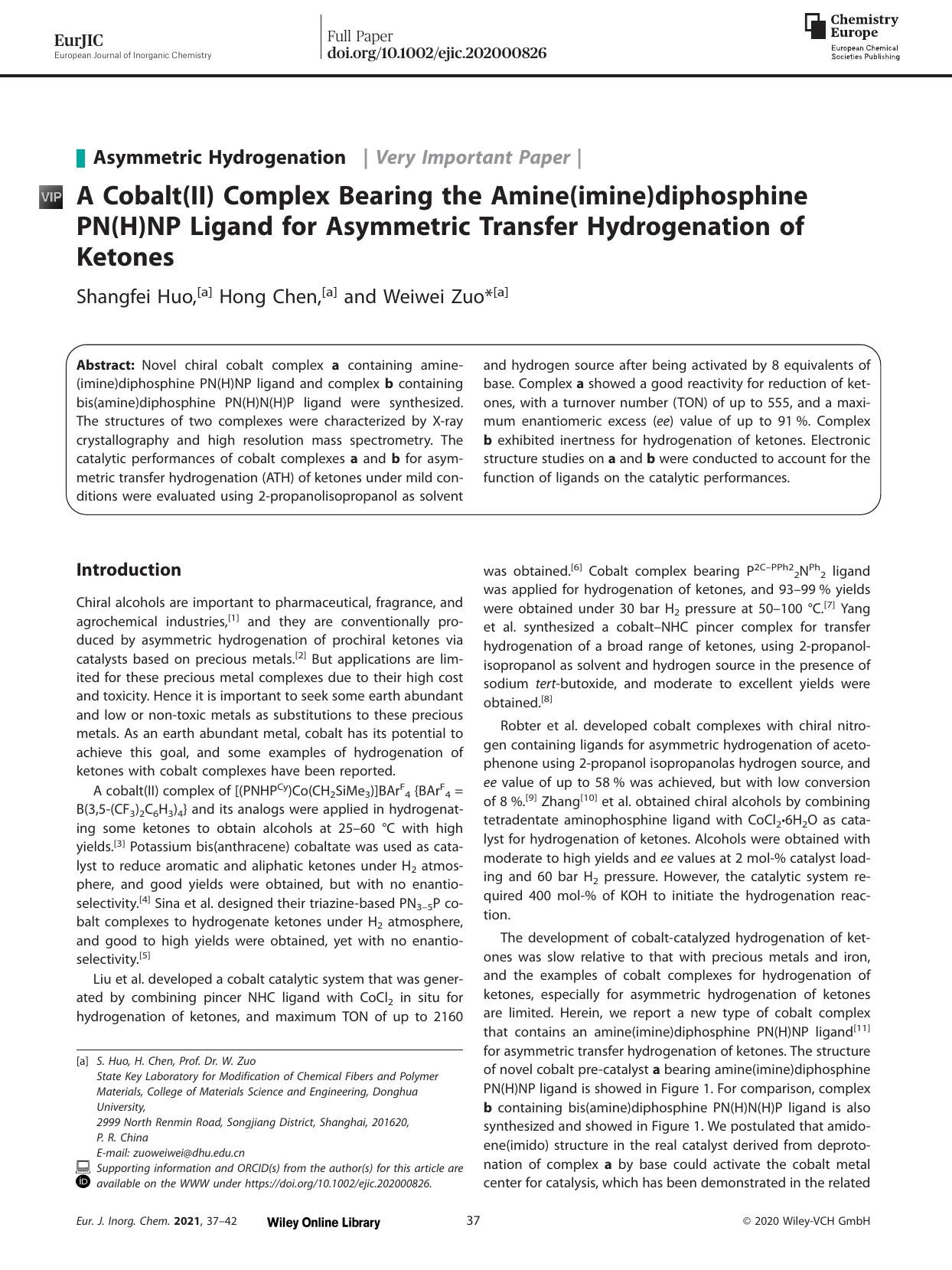 A Cobalt(II) Complex Bearing the Amine(imine)diphosphine PN(H)NP Ligand for Asymmetric Transfer Hydrogenation of Ketones by Unknown