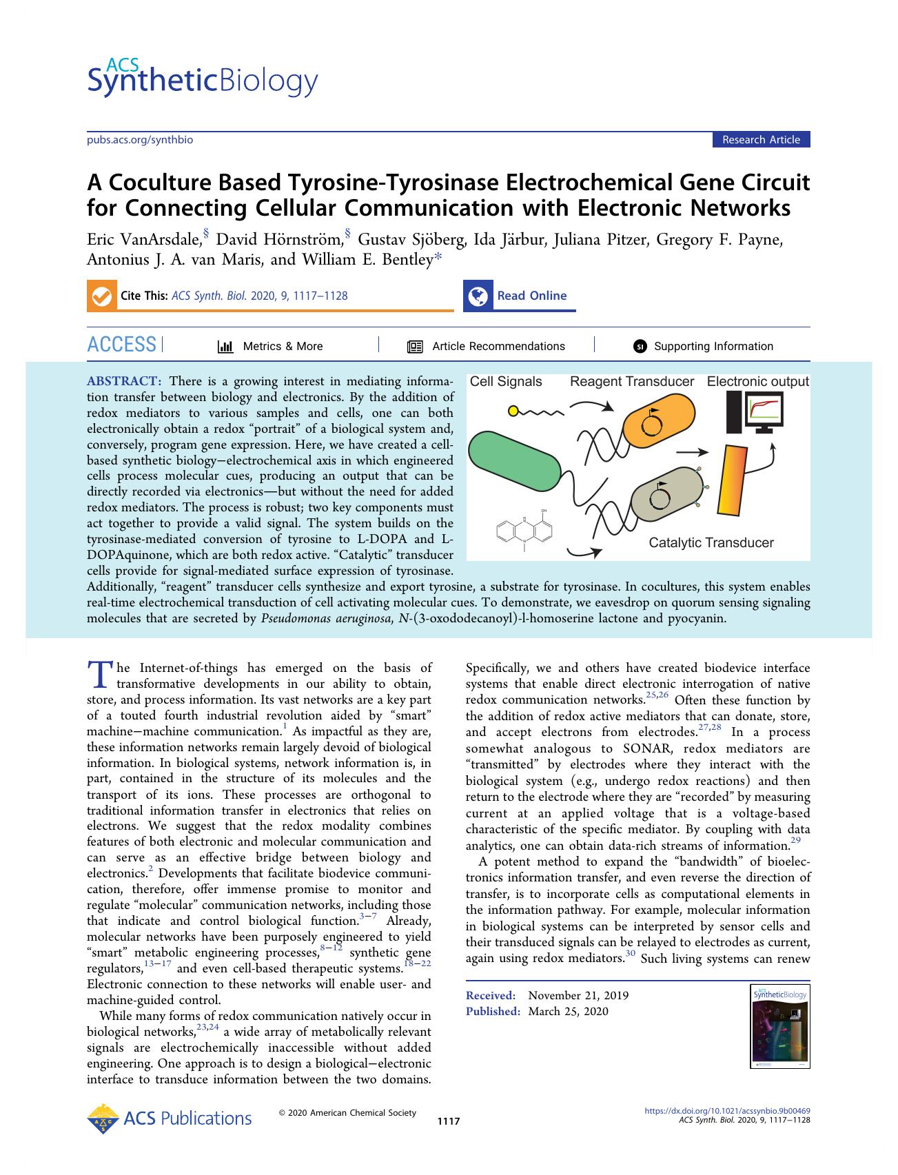 A Coculture Based Tyrosine-Tyrosinase Electrochemical Gene Circuit for Connecting Cellular Communication with Electronic Networks by unknow