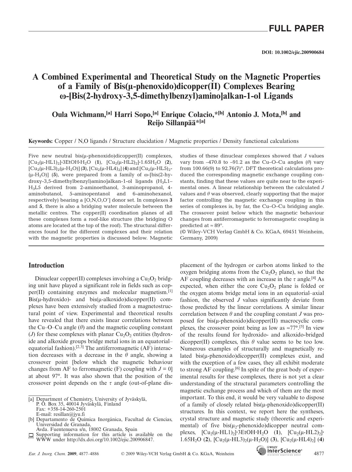 A Combined Experimental and Theoretical Study on the Magnetic Properties of a Family of Bis(Âµ-phenoxido)dicopper(II) Complexes Bearing [omega]-[Bis(2-hydroxy-3,5-dimethylbenzyl)am by Unknown