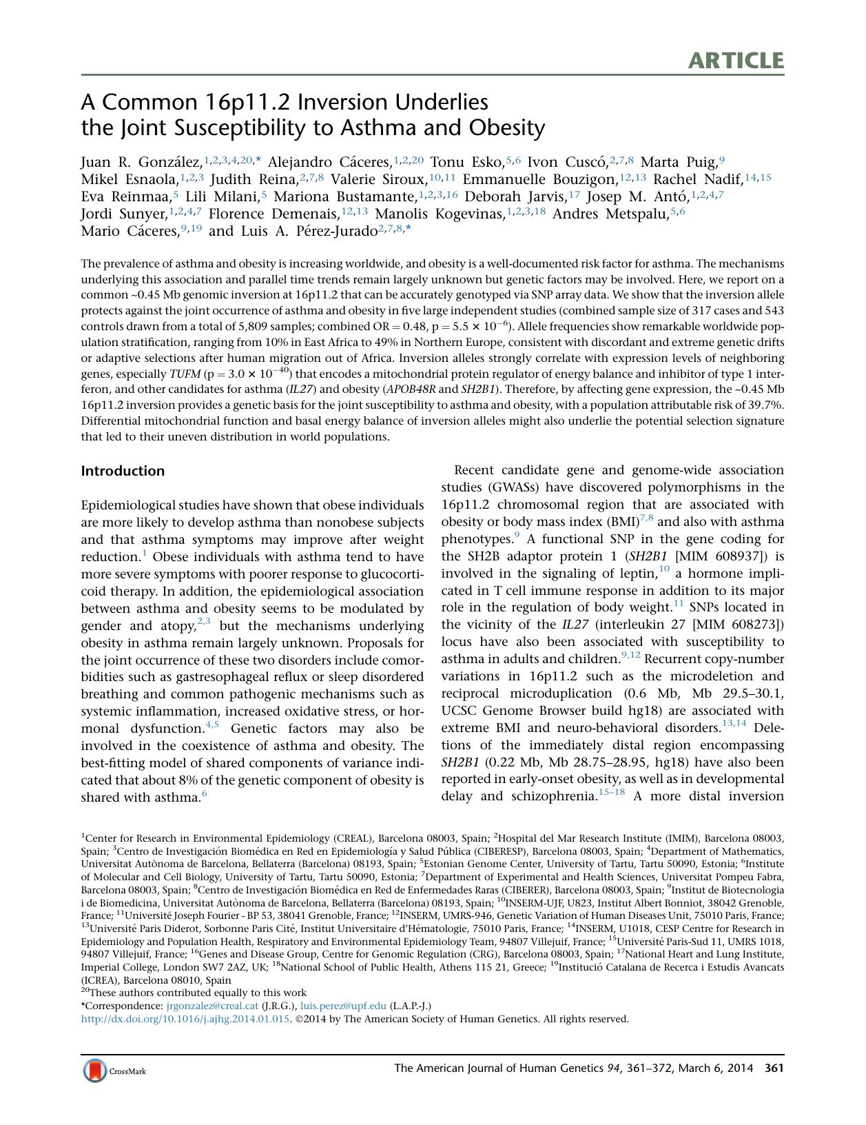 A Common 16p11.2 Inversion Underlies the Joint Susceptibility to Asthma and Obesity by unknow