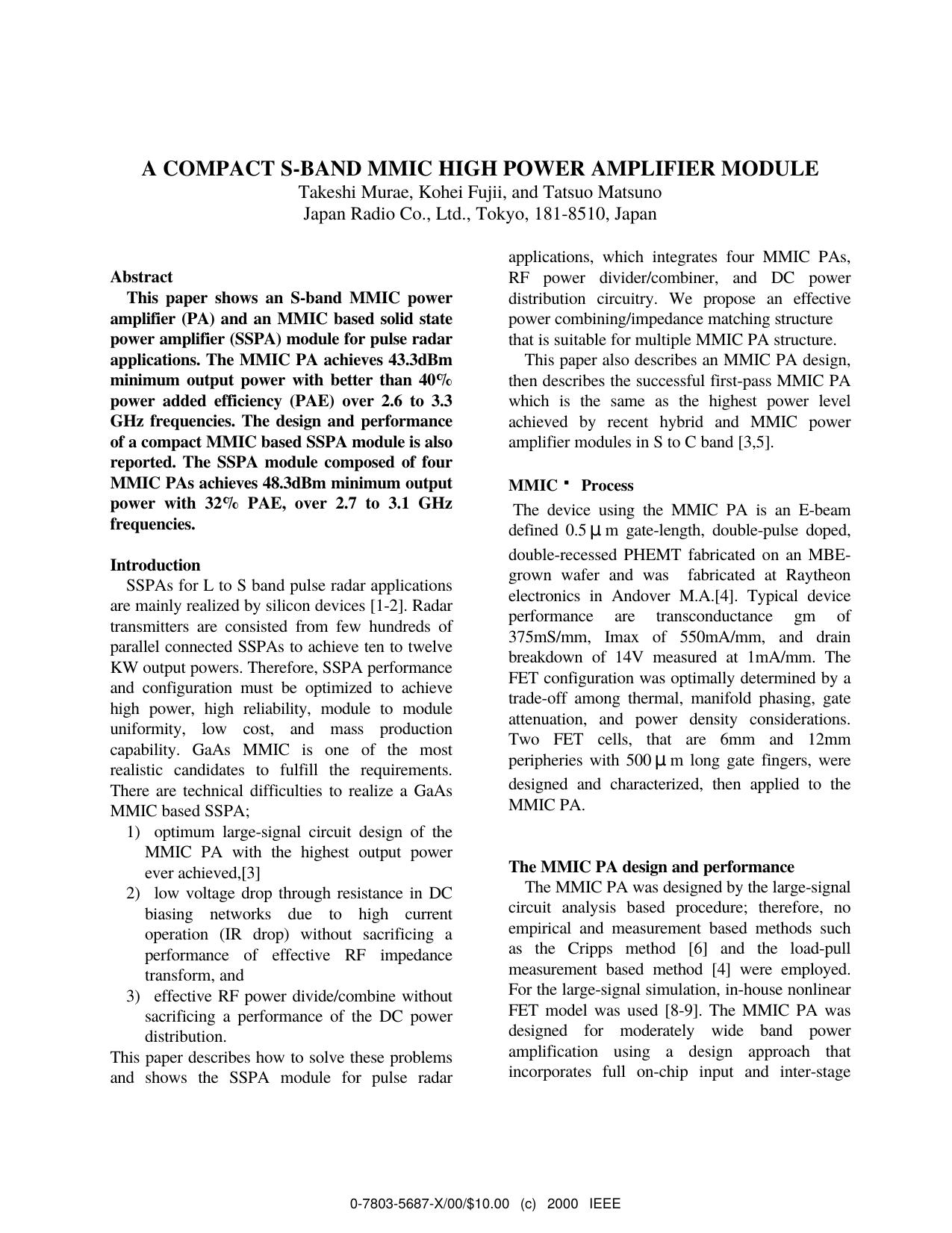 A Compact S-Band MMIC High Power Amplifier Module by T. Murae K. Fujii & T. Matsuno