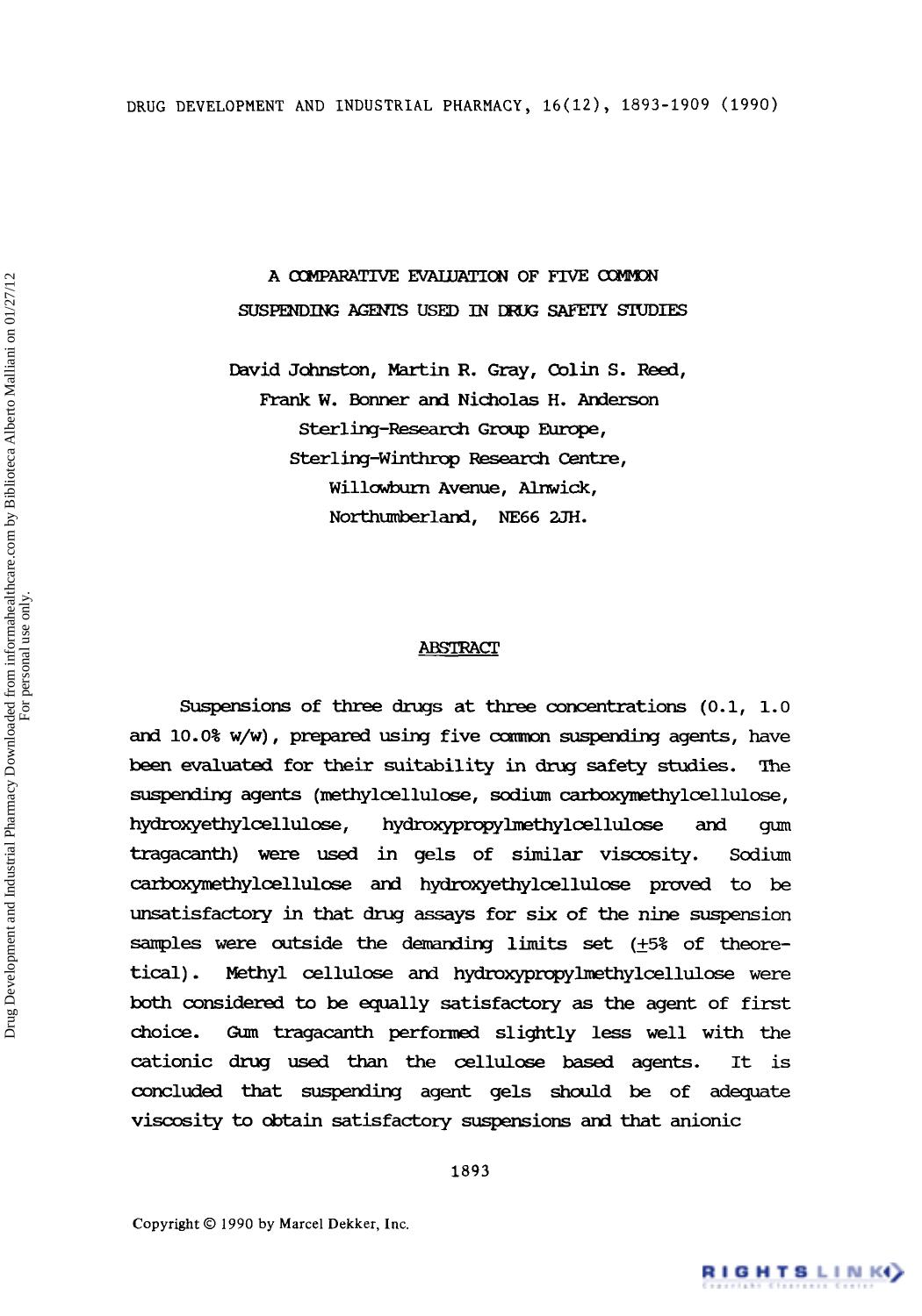 A Comparative Evaluation of Five Common Suspending Agents Used in Drug Safety Studies by David Johnston Martin R. Gray Colin S. Reed Frank W. Bonner & Nicholas H. Anderson