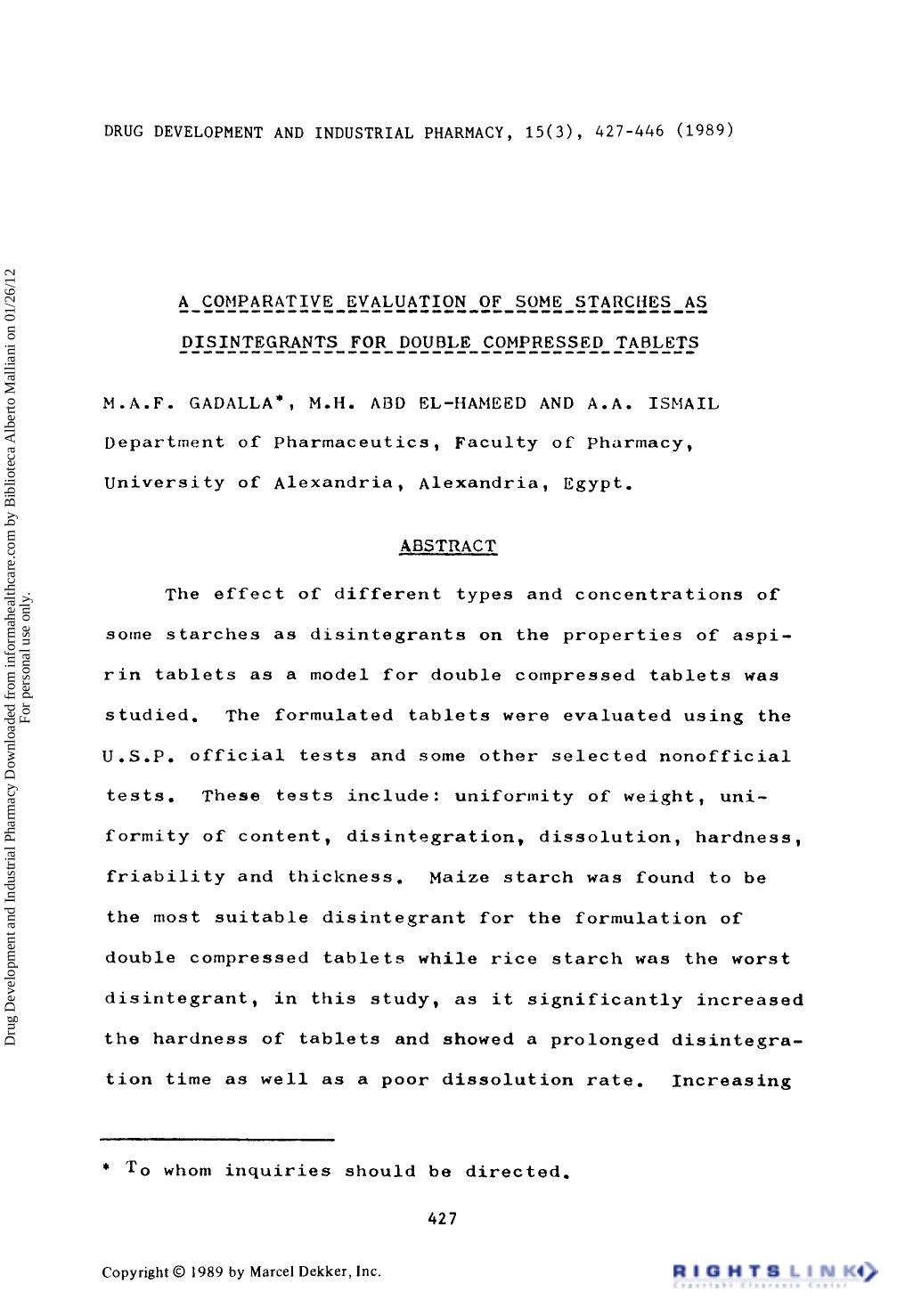 A Comparative Evaluation of Some Starches as Disintegrants for Double Compressed Tablets by M. A. F. Gadalla M. H. Abd El-Hameed & A. A. Ismail