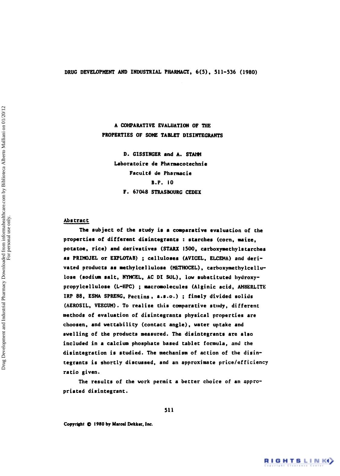 A Comparative Evaluation of the Properties of some Tablet Disintegrants by D. Gissinger & A. Stamm