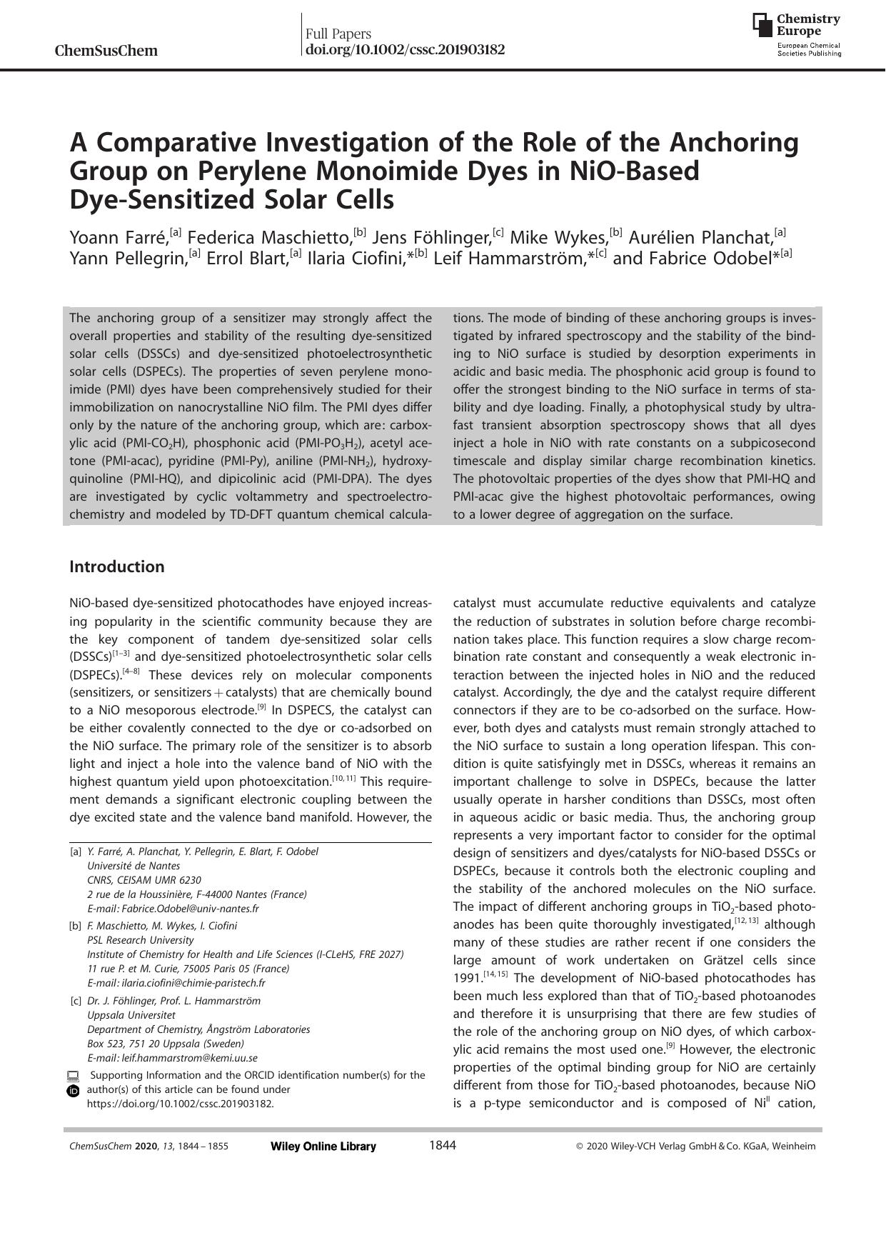 A Comparative Investigation of the Role of the Anchoring Group on Perylene Monoimide Dyes in NiOâBased DyeâSensitized Solar Cells by Unknown