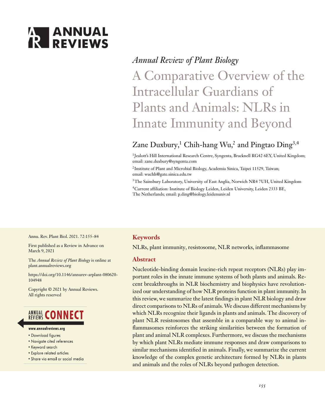 A Comparative Overview of the Intracellular Guardians of Plants and Animals: NLRs in Innate Immunity and Beyond by Zane Duxbury Chih-hang Wu Pingtao Ding