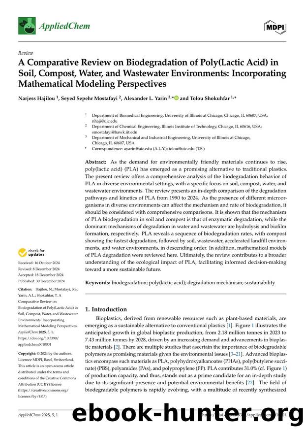 A Comparative Review on Biodegradation of Poly(Lactic Acid) in Soil, Compost, Water, and Wastewater Environments: Incorporating Mathematical Modeling Perspectives by Narjess Hajilou Seyed Sepehr Mostafayi Alexander L. Yarin & Tolou Shokuhfar