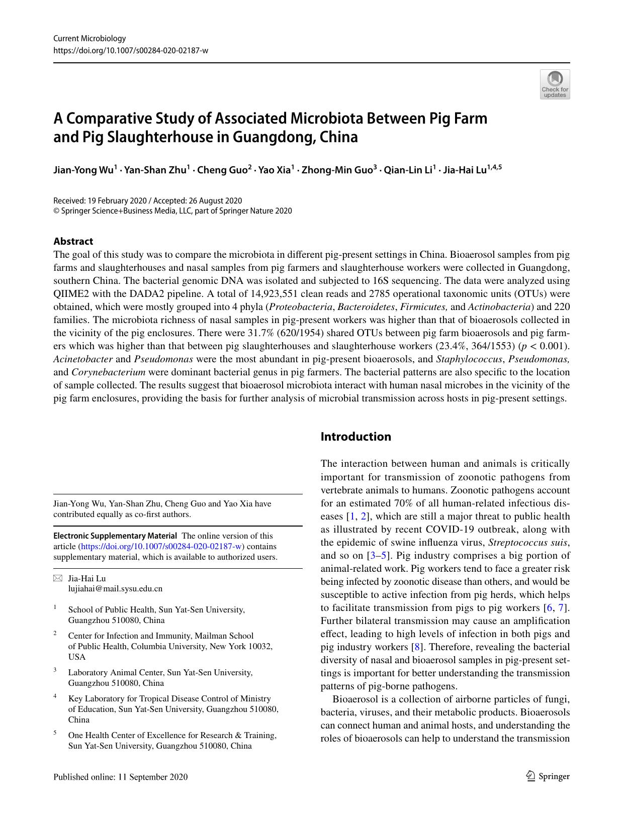 A Comparative Study of Associated Microbiota Between Pig Farm and Pig Slaughterhouse in Guangdong, China by Jian-Yong Wu & Yan-Shan Zhu & Cheng Guo & Yao Xia & Zhong-Min Guo & Qian-Lin Li & Jia-Hai Lu