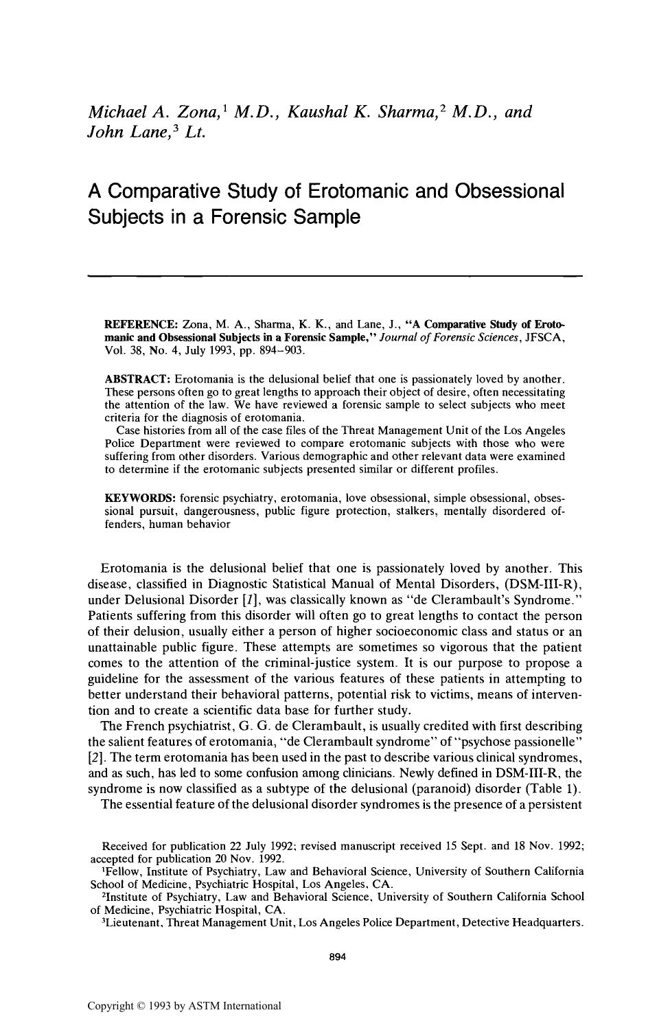 A Comparative Study of Erotomanic and Obsessional Subjects in a Forensic Sample by Zona MA Sharma KK Lane J