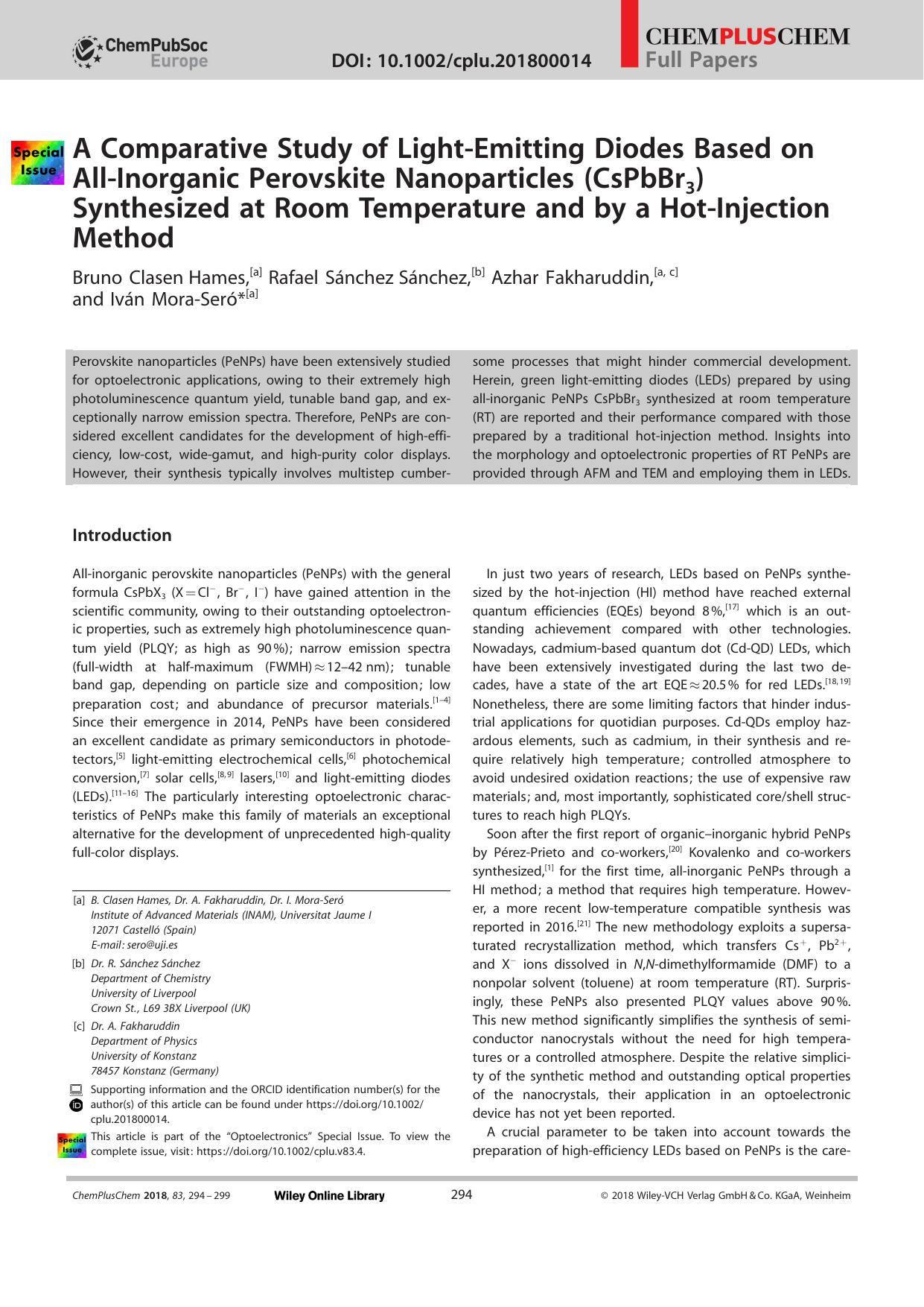 A Comparative Study of LightâEmitting Diodes Based on AllâInorganic Perovskite Nanoparticles (CsPbBr3) Synthesized at Room Temperature and by a HotâInjection Method by Unknown