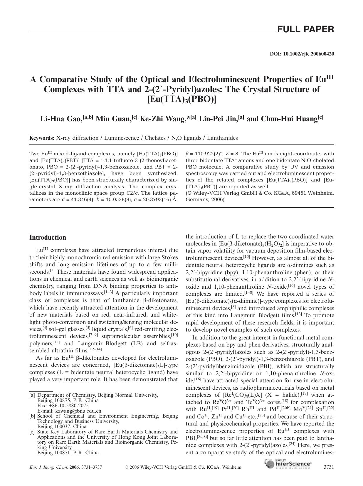 A Comparative Study of the Optical and Electroluminescent Properties of EuIII Complexes with TTA and 2-(2[prime]-Pyridyl)azoles: The Crystal Structure of [Eu(TTA)3(PBO)] by Unknown