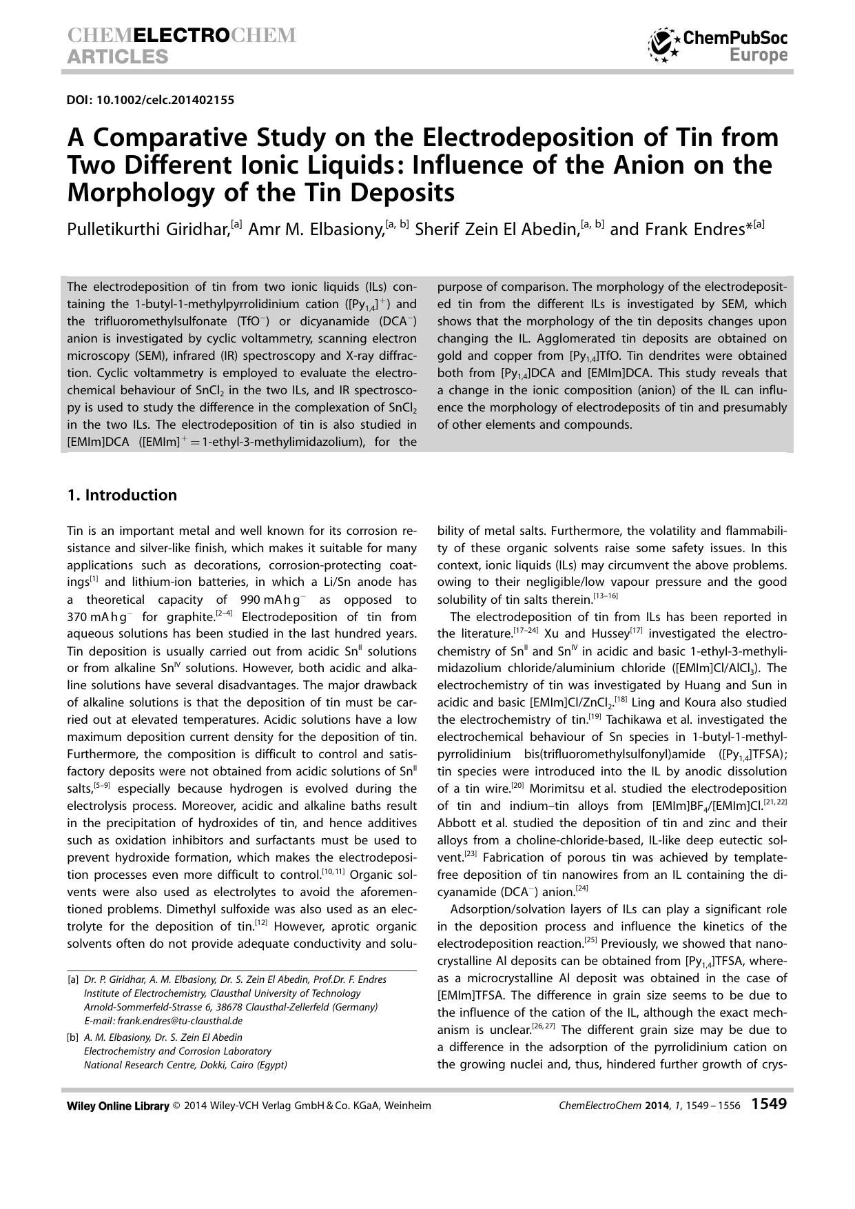 A Comparative Study on the Electrodeposition of Tin from Two Different Ionic Liquids: Influence of the Anion on the Morphology of the Tin Deposits by Unknown