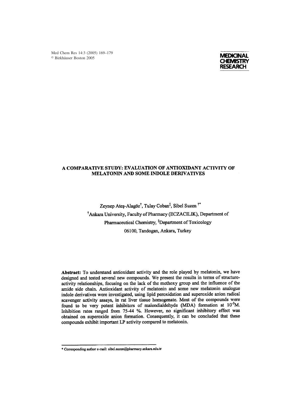 A Comparative Study: Evaluation of Antioxidant Activity of Melatonin and Some Indole Derivatives by Ates-Alagoz & Z. & et al