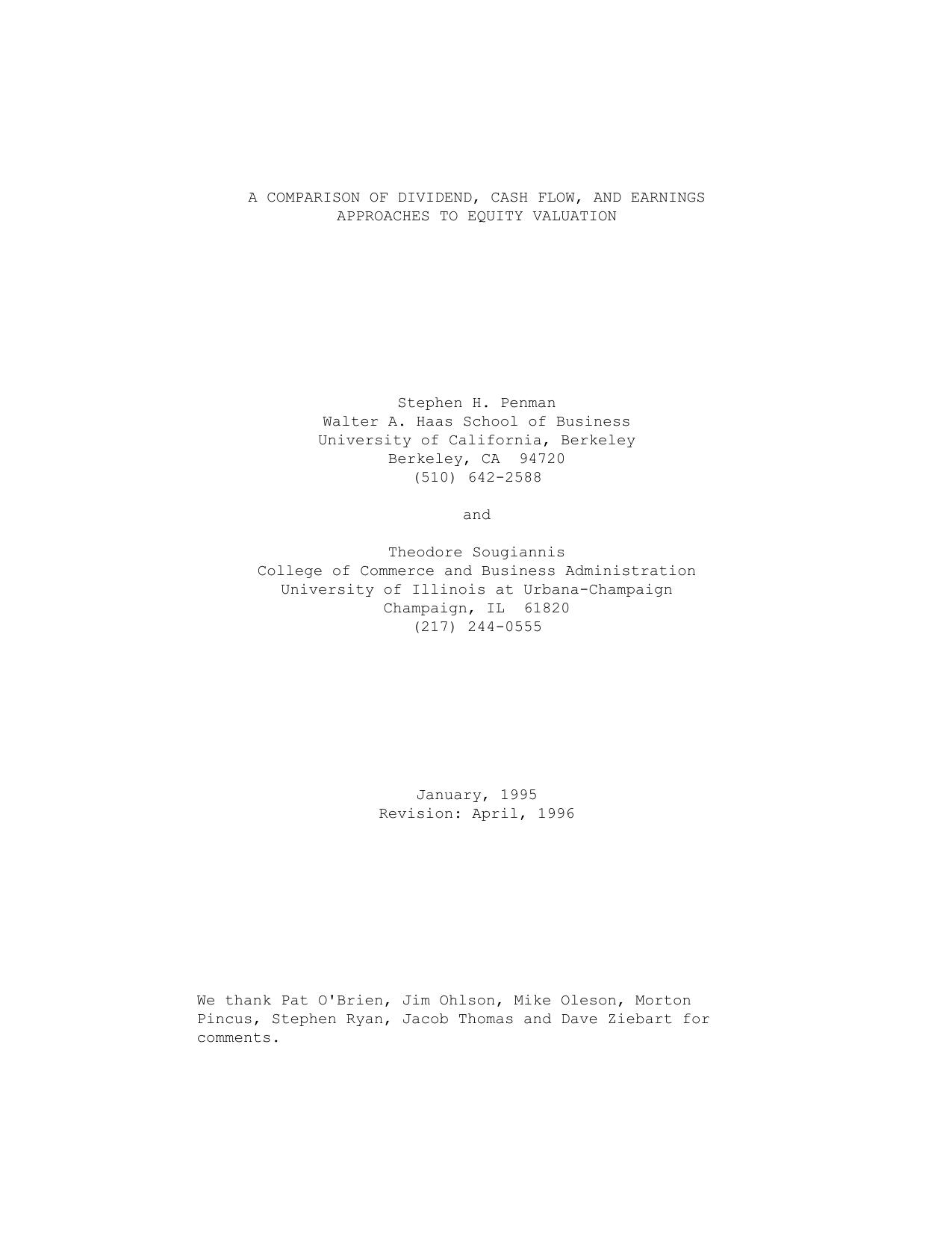 A Comparison Of Dividend Cash Flow And Earnings Approaches To Equity Valuation by kent