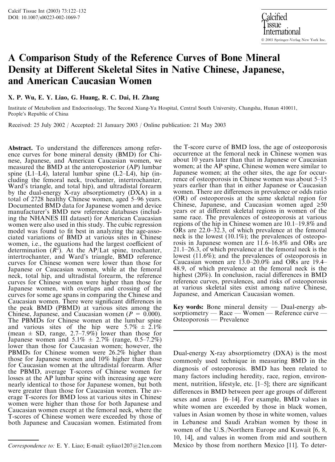 A Comparison Study of the Reference Curves of Bone Mineral Density at Different Skeletal Sites in Native Chinese, Japanese, and American Caucasian Women by Wu X.P. et al