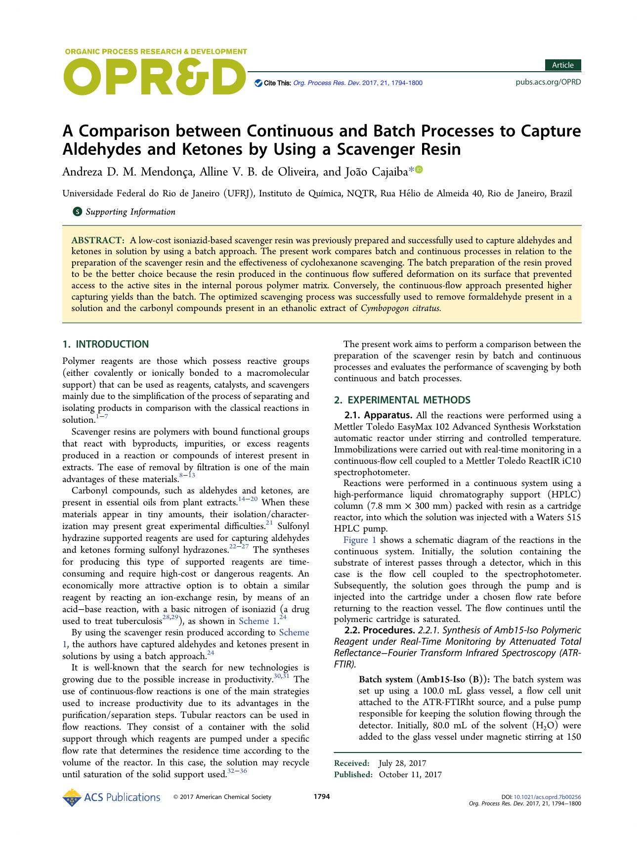 A Comparison between Continuous and Batch Processes to Capture Aldehydes and Ketones by Using a Scavenger Resin by Andreza D. M. Mendonça Alline V. B. de Oliveira & João Cajaiba