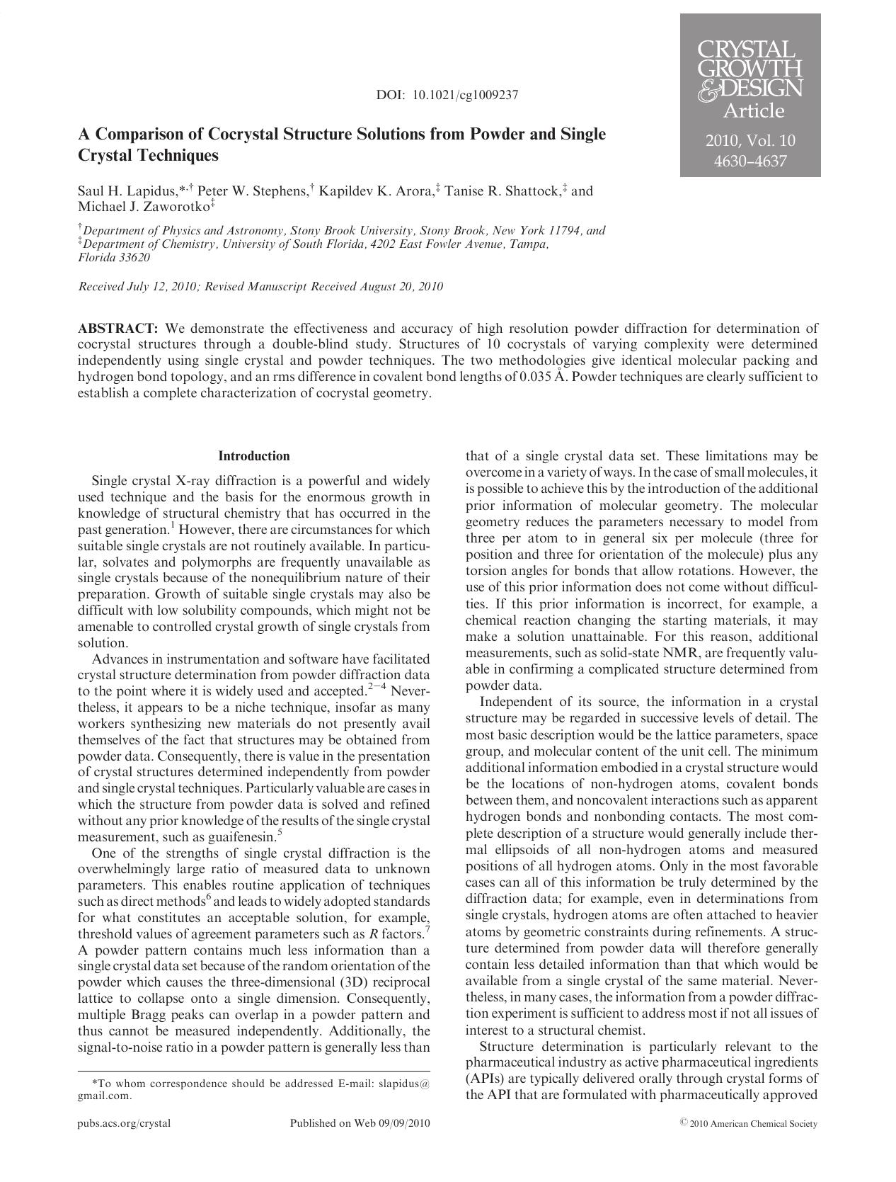 A Comparison of Cocrystal Structure Solutions from Powder and Single Crystal Techniques by Unknown