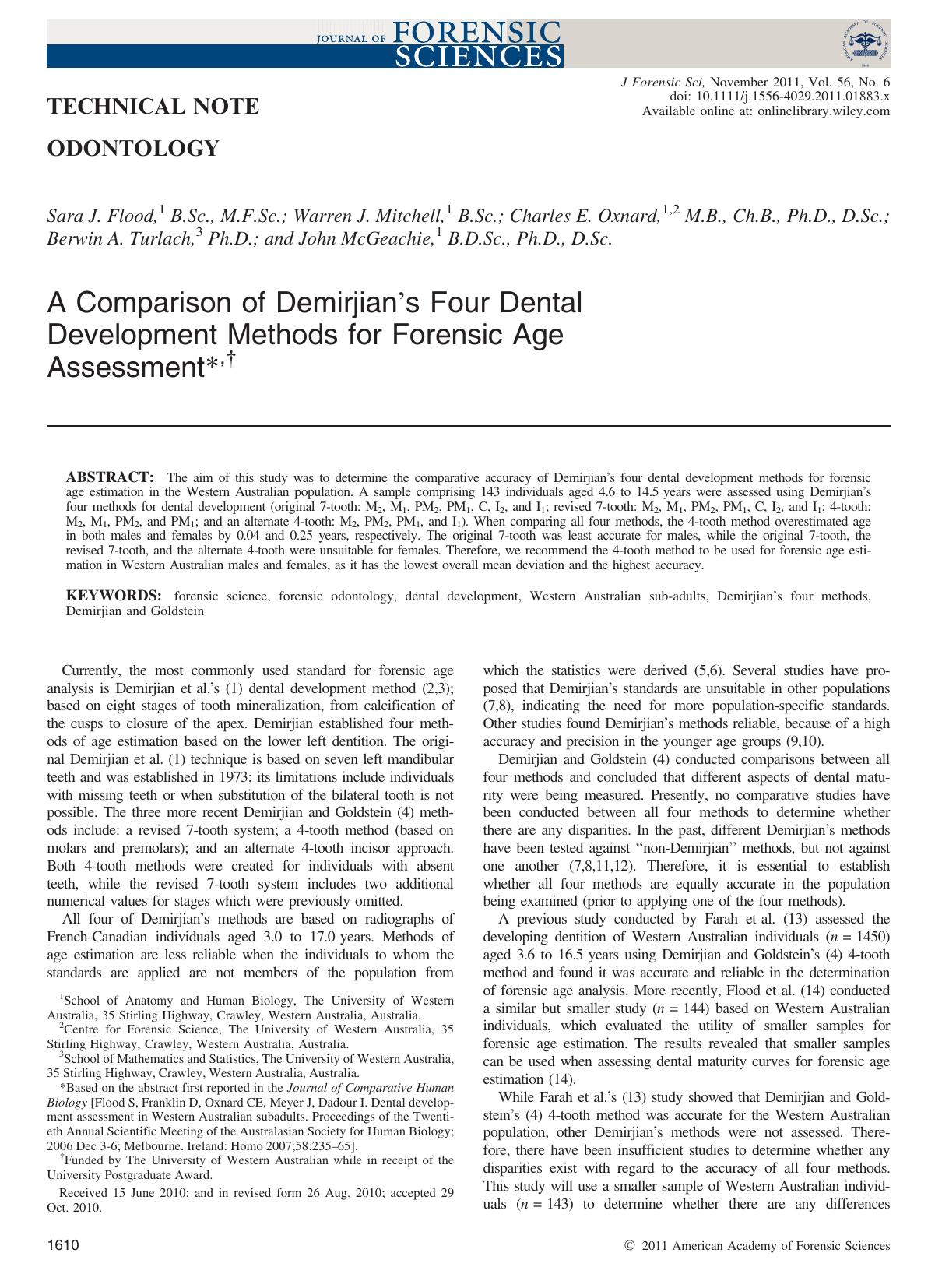 A Comparison of Demirjians Four Dental Development Methods for Forensic Age Assessment, by Unknown
