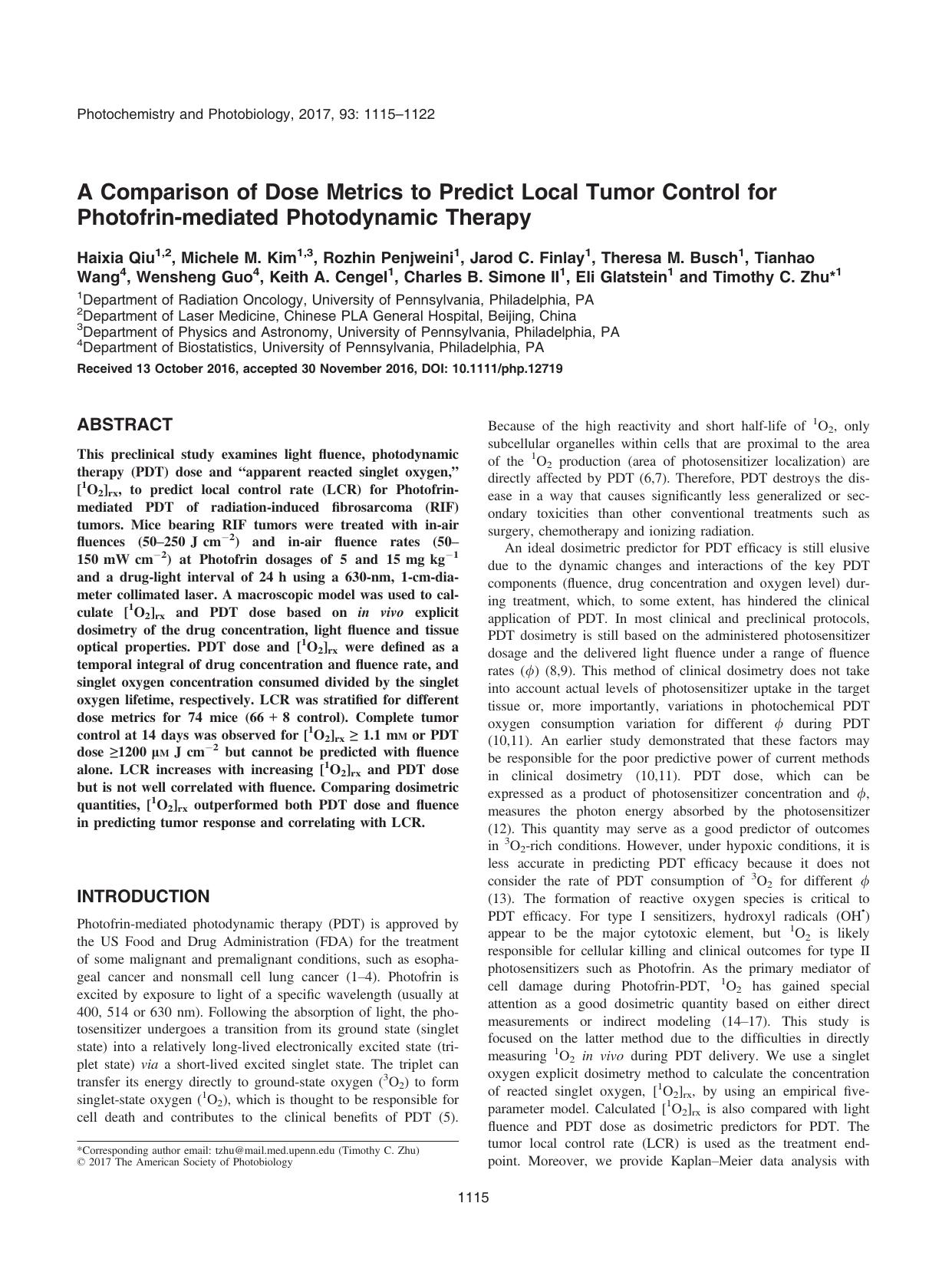 A Comparison of Dose Metrics to Predict Local Tumor Control for Photofrinâmediated Photodynamic Therapy by Unknown
