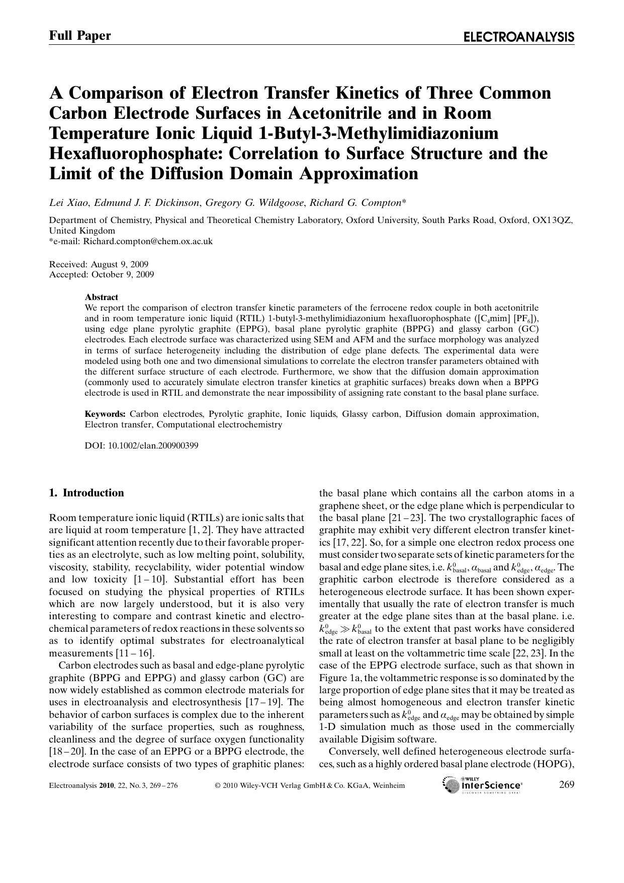 A Comparison of Electron Transfer Kinetics of Three Common Carbon Electrode Surfaces in Acetonitrile and in Room Temperature Ionic Liquid 1-Butyl-3-Methylimidiazonium Hexafluoropho by Unknown
