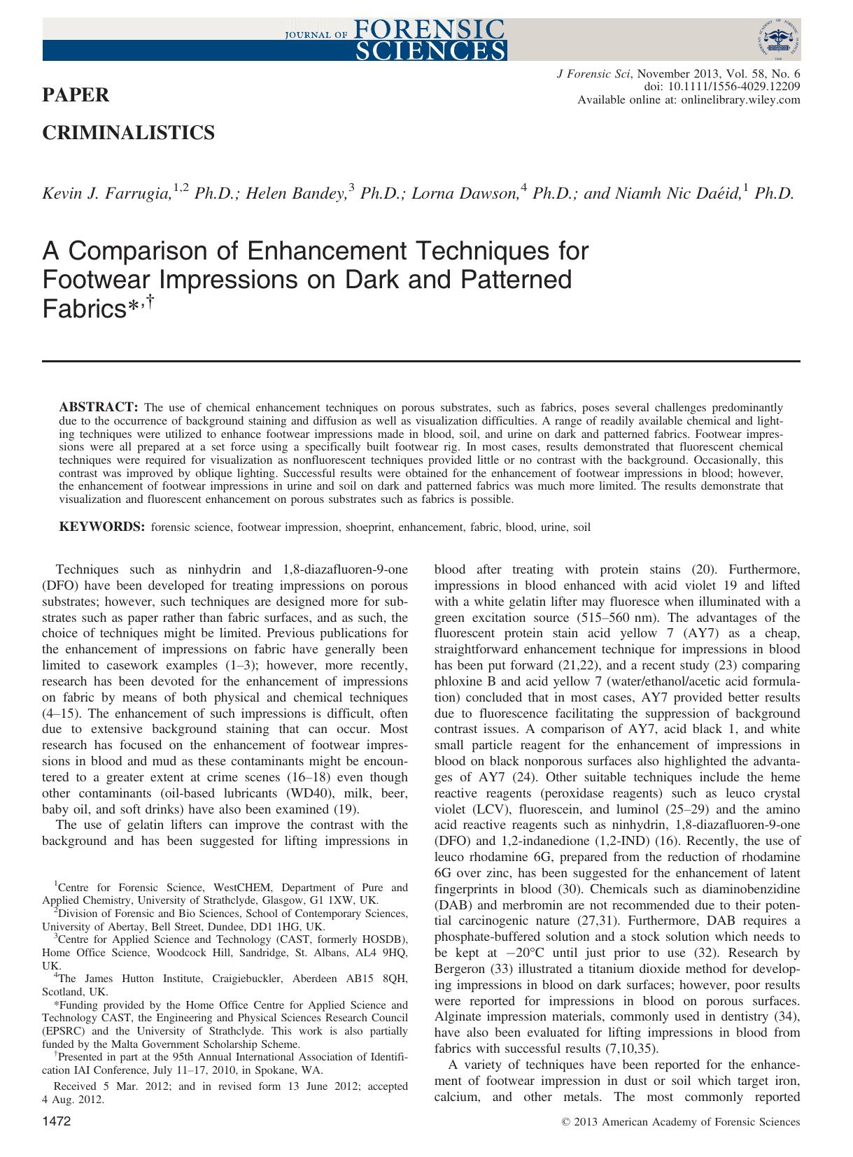 A Comparison of Enhancement Techniques for Footwear Impressions on Dark and Patterned Fabrics, by Unknown