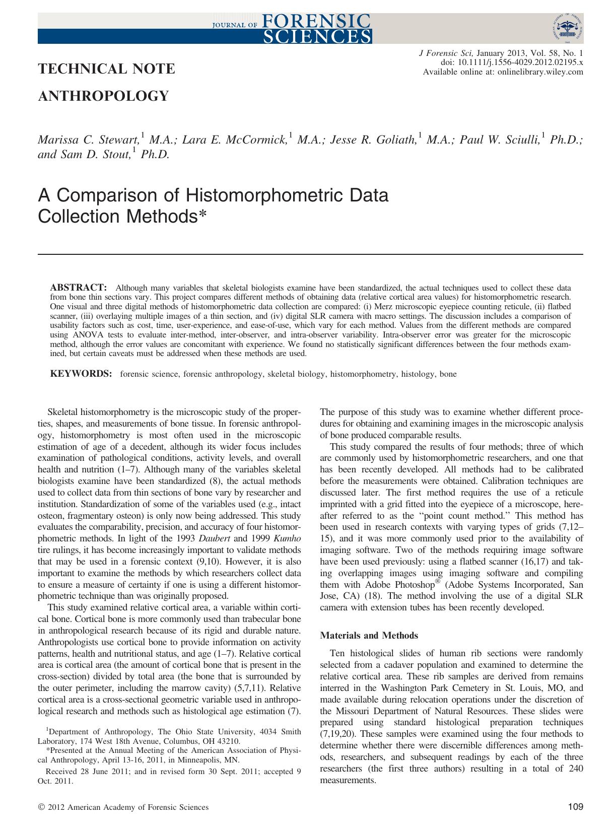 A Comparison of Histomorphometric Data Collection Methods* by Unknown