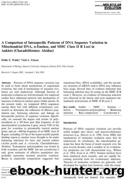 A Comparison of Intraspecific Patterns of DNA Sequence Variation in Mitochondrial DNA, a-Enolase, and MHC Class II B Loci in Auklets (Charadriiformes: Alcidae) by Walsh H.E. et al