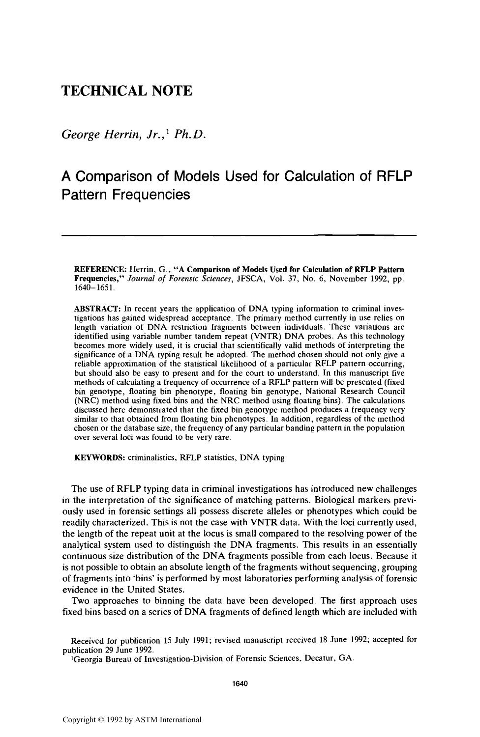A Comparison of Models Used for Calculation of RFLP Pattern Frequencies by Herrin G