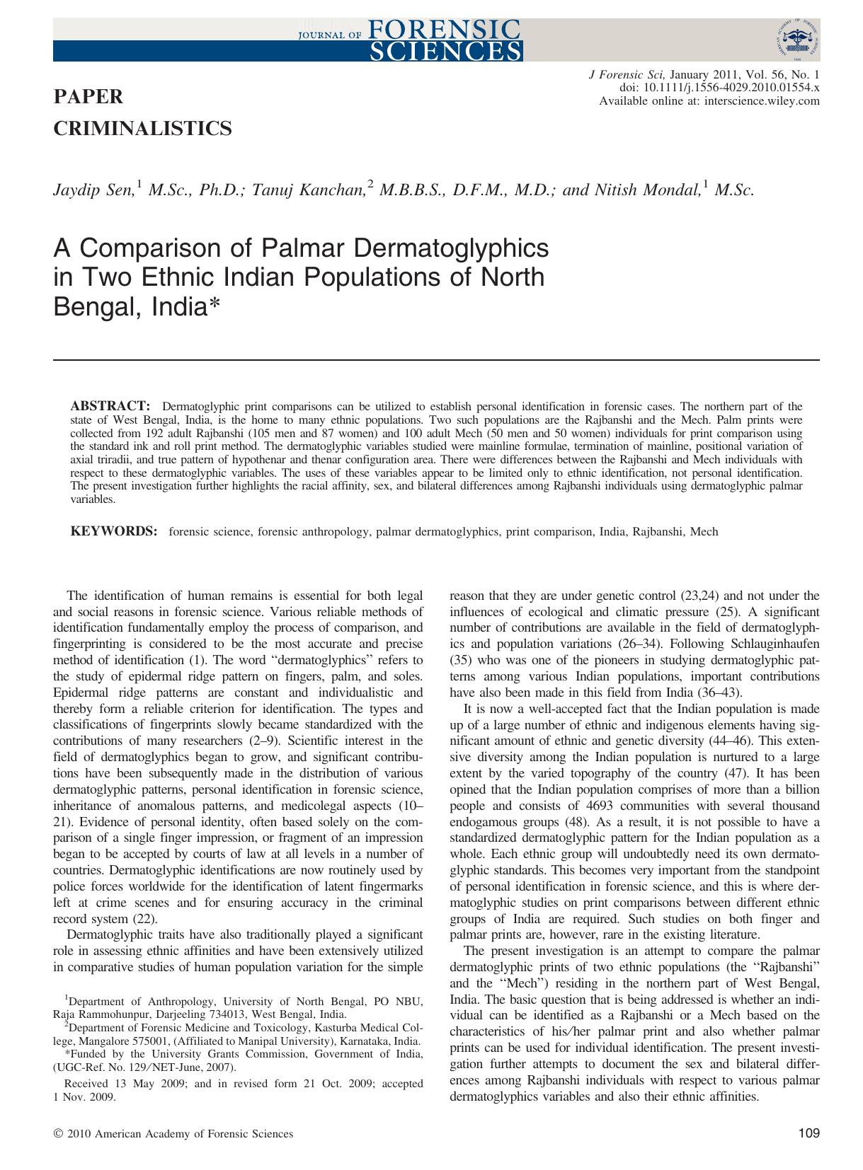 A Comparison of Palmar Dermatoglyphics in Two Ethnic Indian Populations of North Bengal, India by Unknown