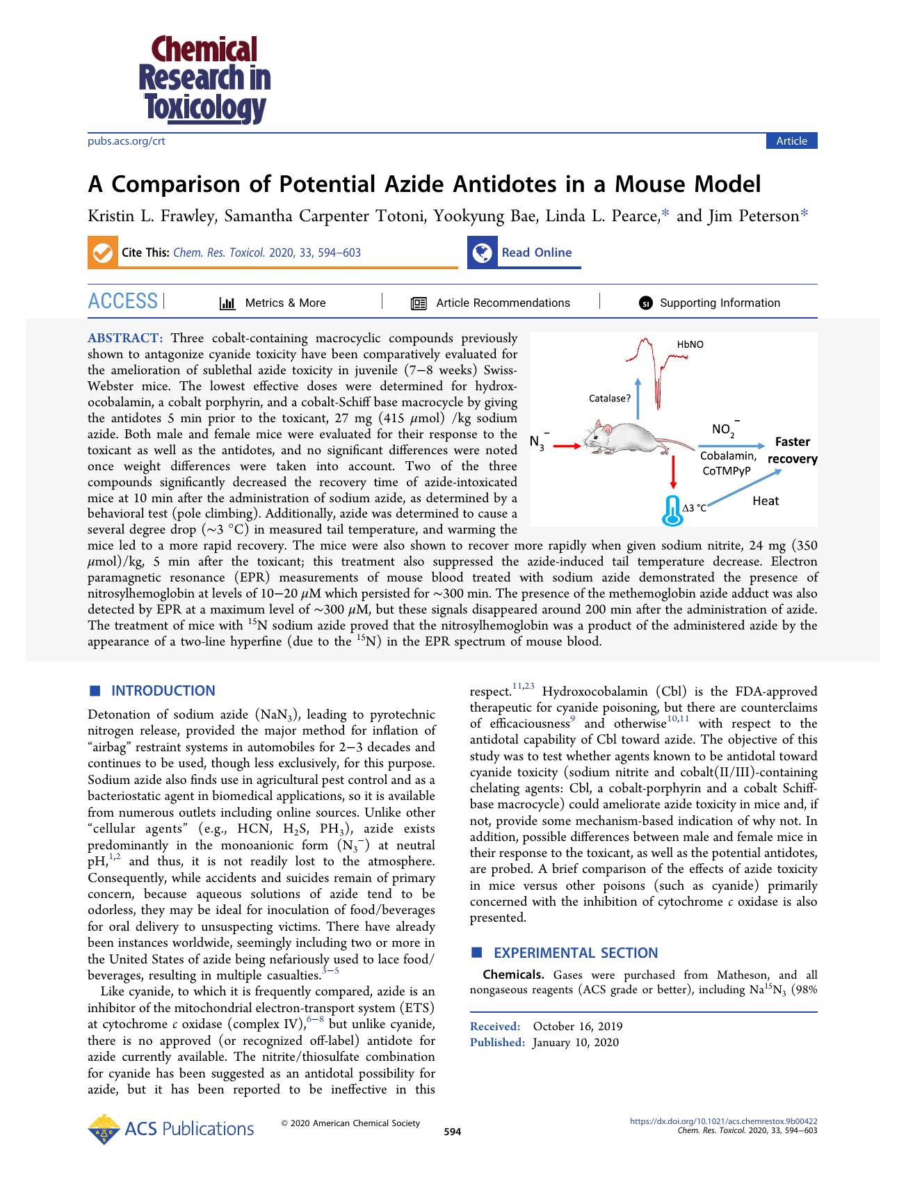 A Comparison of Potential Azide Antidotes in a Mouse Model by Kristin L. Frawley Samantha Carpenter Totoni Yookyung Bae Linda L. Pearce and Jim Peterson