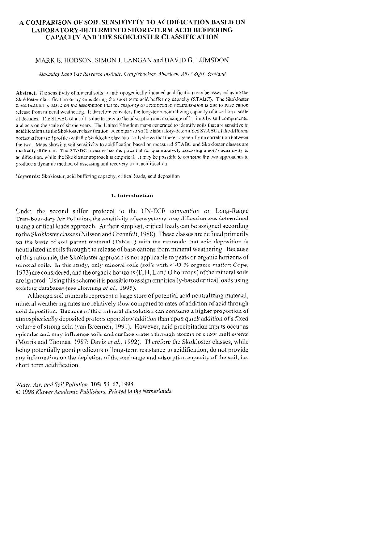 A Comparison of Soil Sensitivity to Acidification Based on Laboratory-Determined Short-Term Acid Buffering Capacity and the Skokloster Classification by Unknown