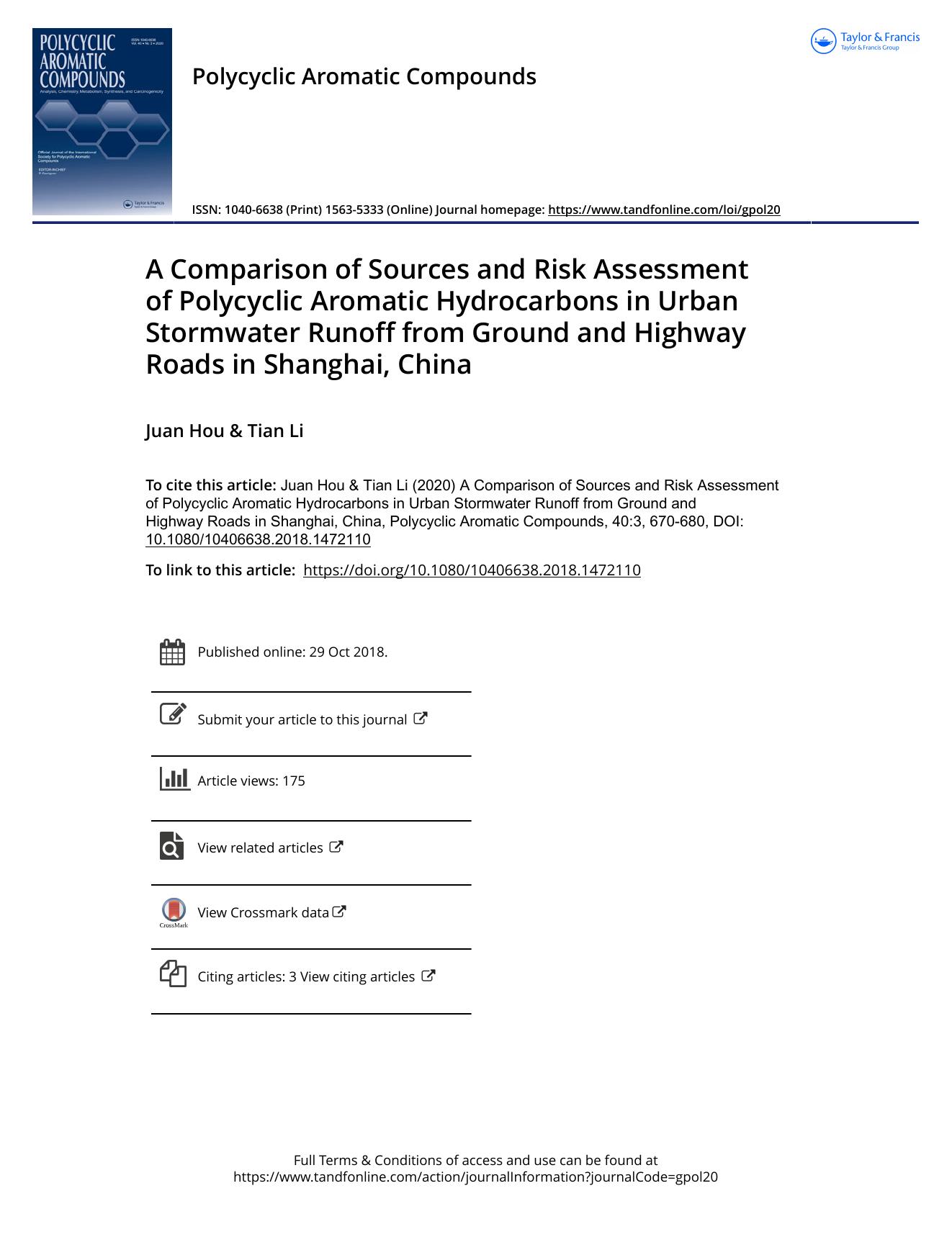 A Comparison of Sources and Risk Assessment of Polycyclic Aromatic Hydrocarbons in Urban Stormwater Runoff from Ground and Highway Roads in Shanghai, China by Hou Juan & Li Tian