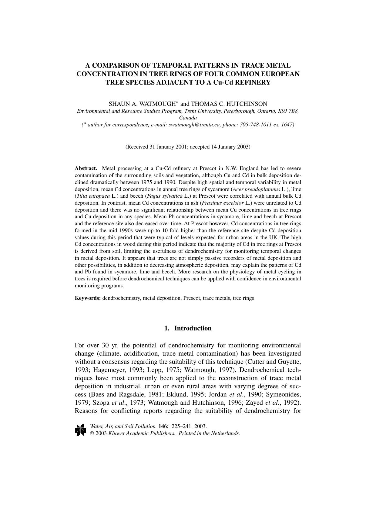 A Comparison of Temporal Patterns in Trace Metal Concentration in Tree Rings of Four Common European Tree Species Adjacent to a Cu-Cd Refinery by Unknown
