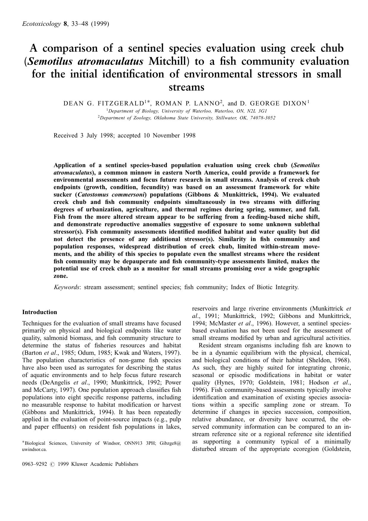 A Comparison of a Sentinel Species Evaluation Using Creek Chub (Semotilus Atromaculatus Mitchill) to a Fish Community Evaluation for the Initial Identification of Environmental Str by Unknown