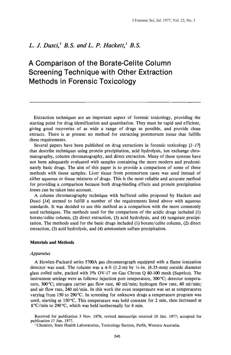 A Comparison of the Borate-Celite Column Screening Technique with Other Extraction Methods in Forensic Toxicology by Dusci LJ Hackett LP