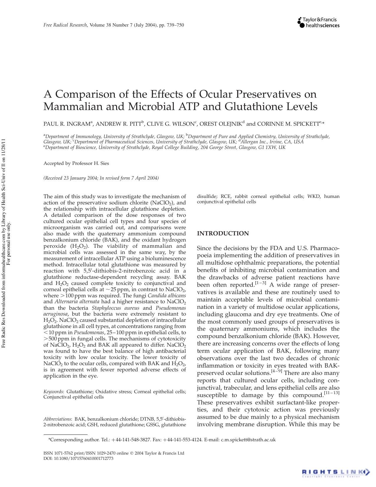 A Comparison of the Effects of Ocular Preservatives on Mammalian and Microbial ATP and Glutathione Levels by Paul R. Ingram a Andrew R. Pitt b Clive G. Wilson c Orest Olejnik d & Corinne M. Spickett e