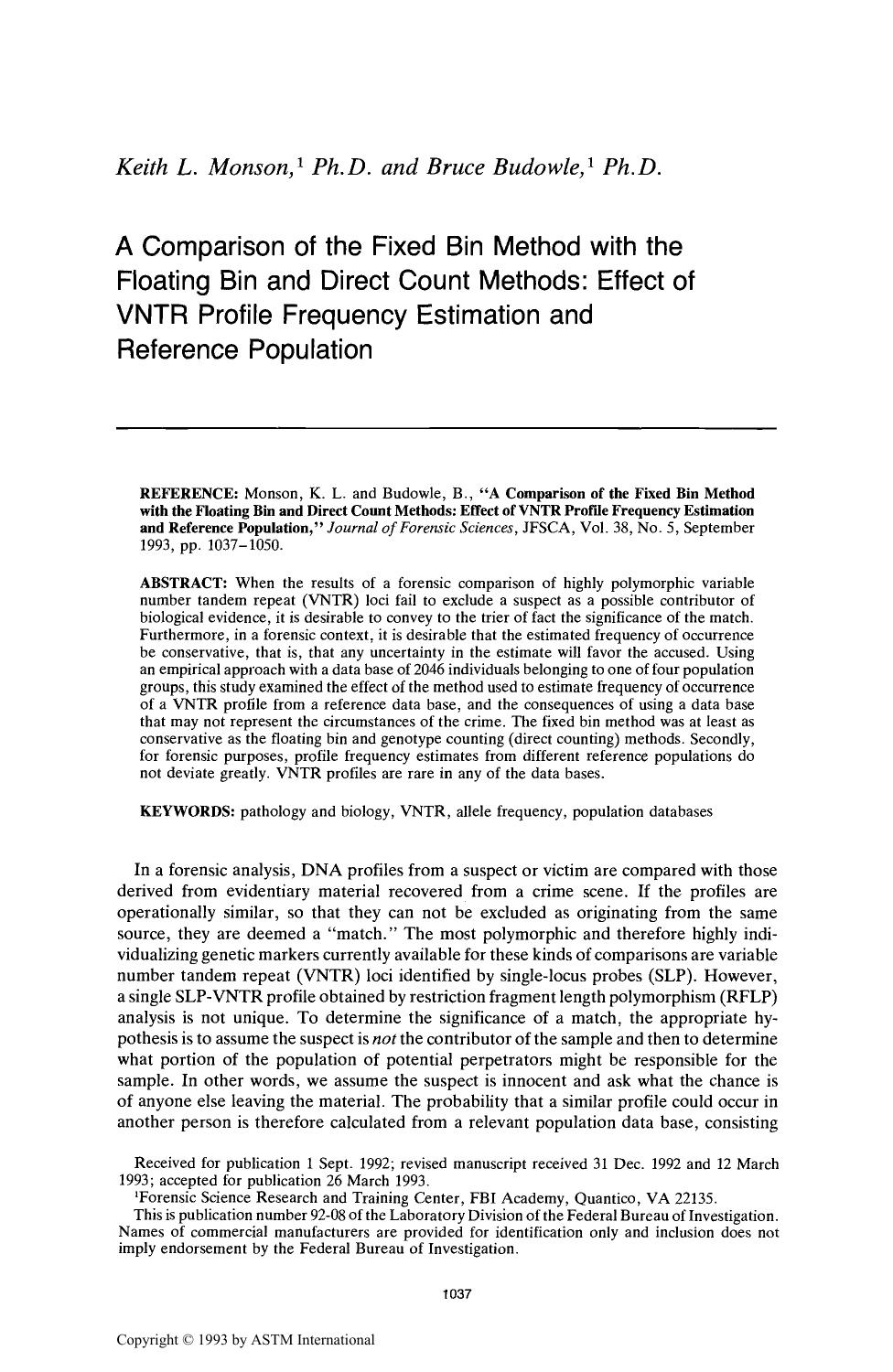 A Comparison of the Fixed Bin Method with the Floating Bin and Direct Count Methods: Effect of VNTR Profile Frequency Estimation and Reference Population by Monson KL Budowle B