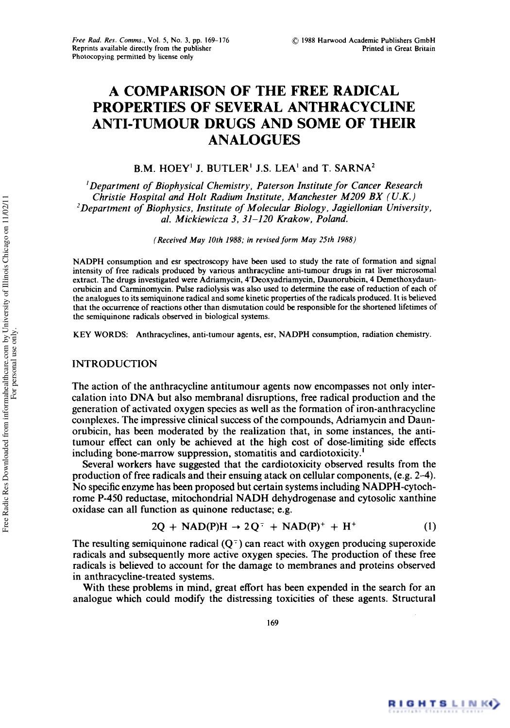 A Comparison of the Free Radical Properties of Several Anthracycline Anti-Tumour Drugs and Some of Their Analogues by B. M. Hoey1 J. Butler1 J. S. Lea1 & T. Sarna2