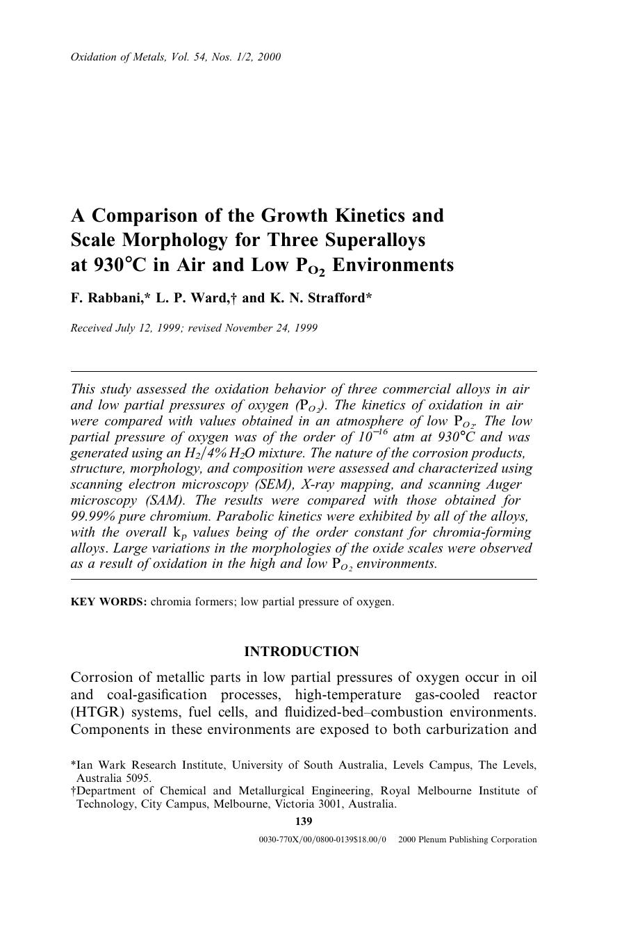 A Comparison of the Growth Kinetics and Scale Morphology for Three Superalloys at 930&#x00B0;C in Air and Low PO2 Environments by Unknown