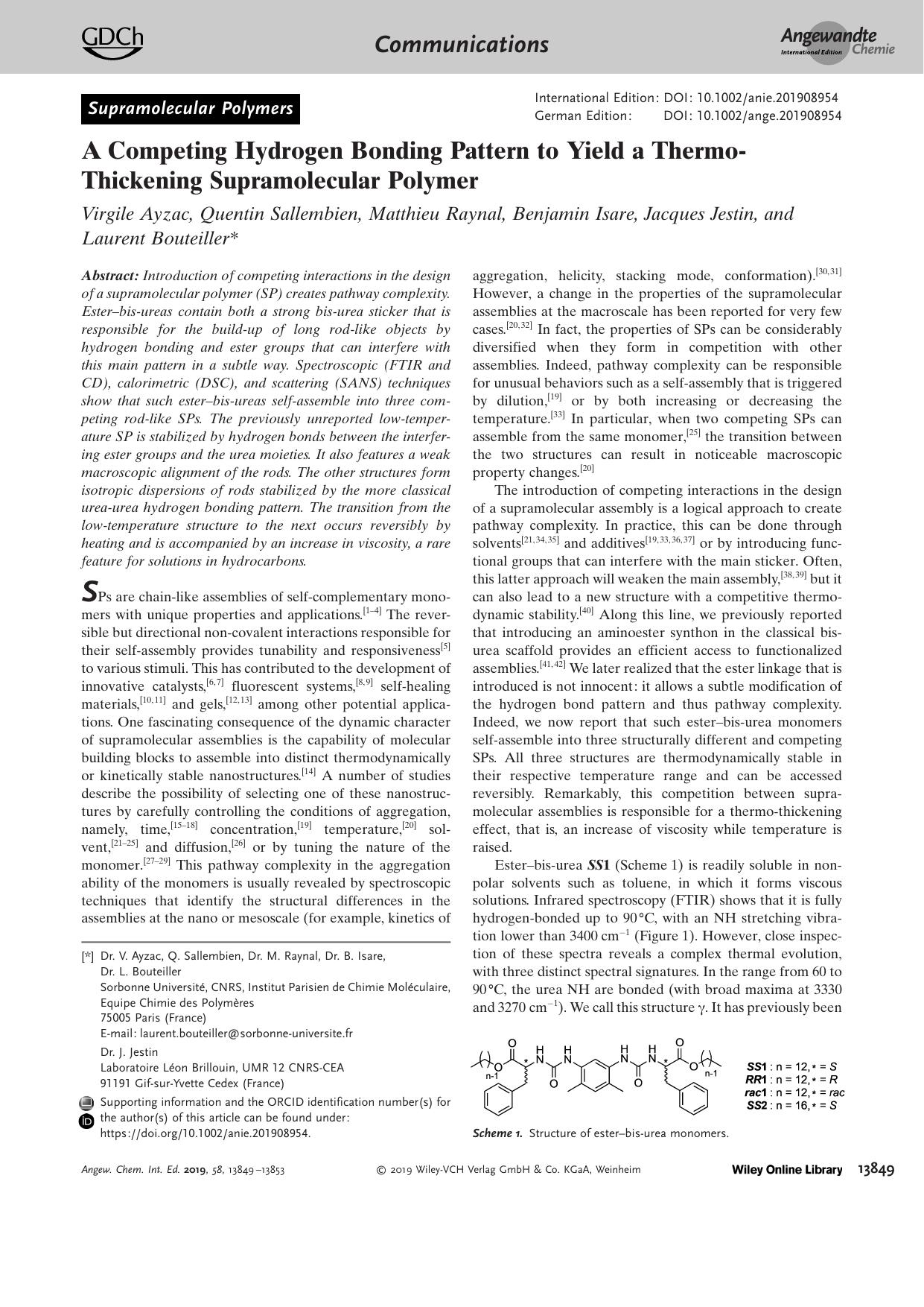 A Competing Hydrogen Bonding Pattern to Yield a ThermoâThickening Supramolecular Polymer by Unknown