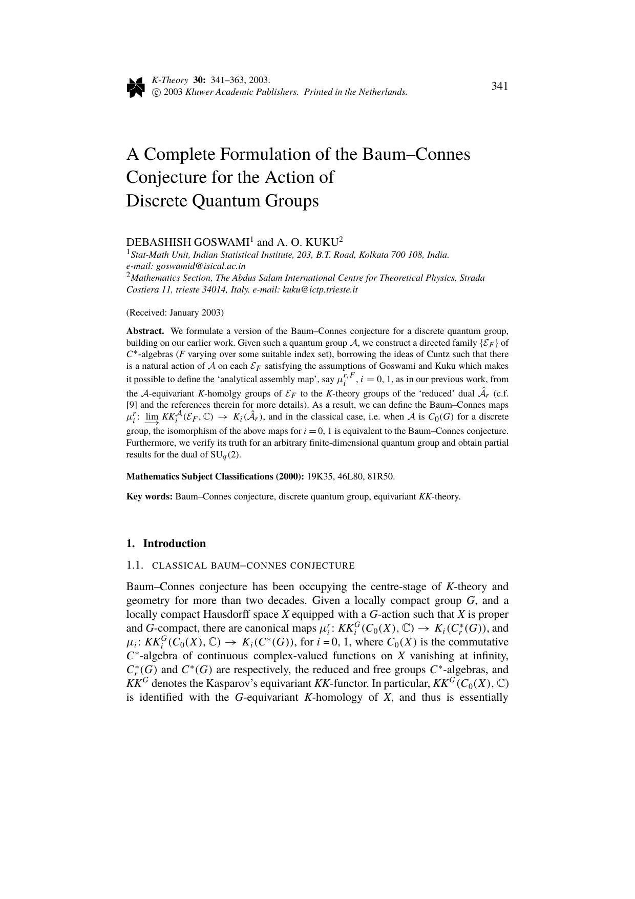 A Complete Formulation of the Baum&#x2013;Connes Conjecture for the Action of Discrete Quantum Groups by Unknown